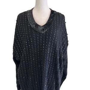 Vintage Classiques Entier Sweater Sequin Black Oversized SZL V-Neck Holiday